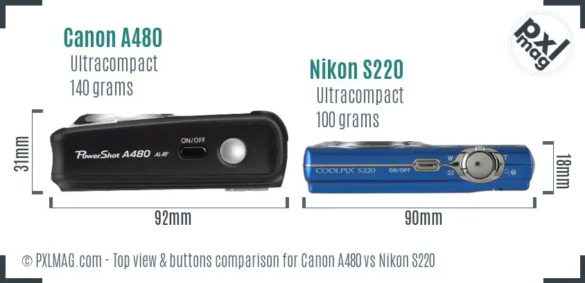 Canon A480 vs Nikon S220 top view buttons comparison