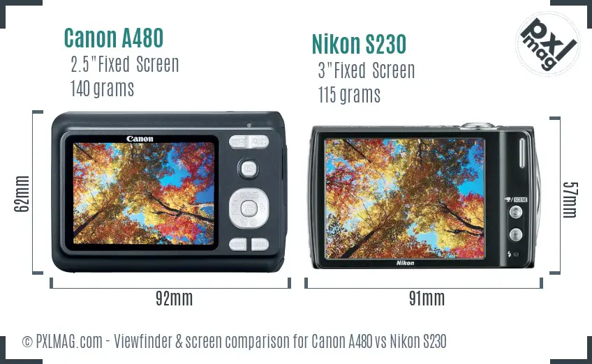 Canon A480 vs Nikon S230 Screen and Viewfinder comparison
