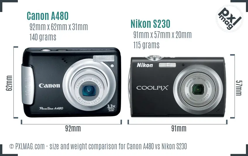 Canon A480 vs Nikon S230 size comparison