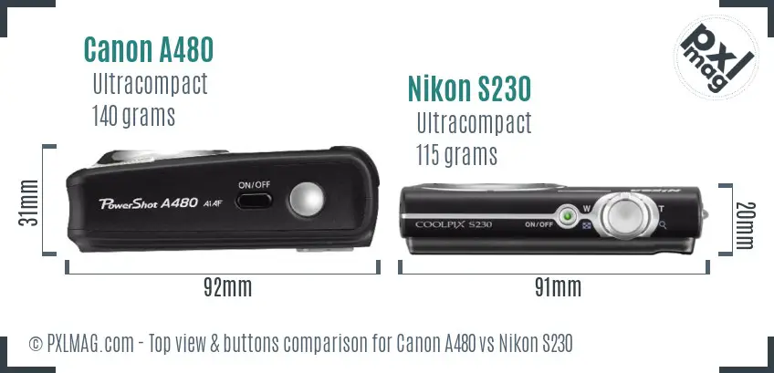 Canon A480 vs Nikon S230 top view buttons comparison