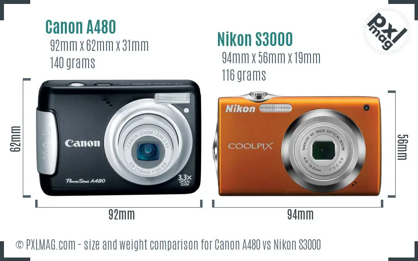 Canon A480 vs Nikon S3000 size comparison