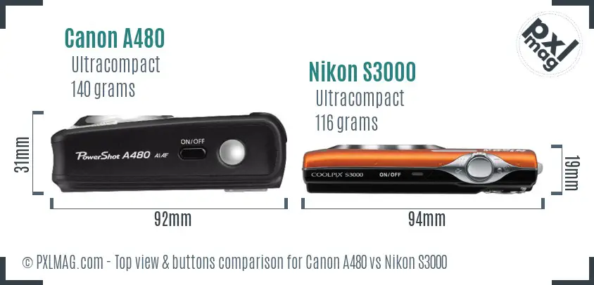 Canon A480 vs Nikon S3000 top view buttons comparison