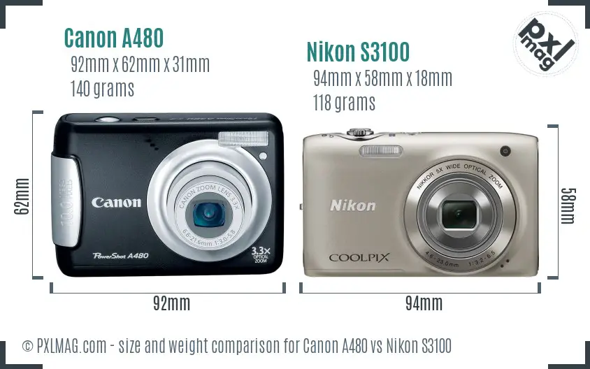 Canon A480 vs Nikon S3100 size comparison