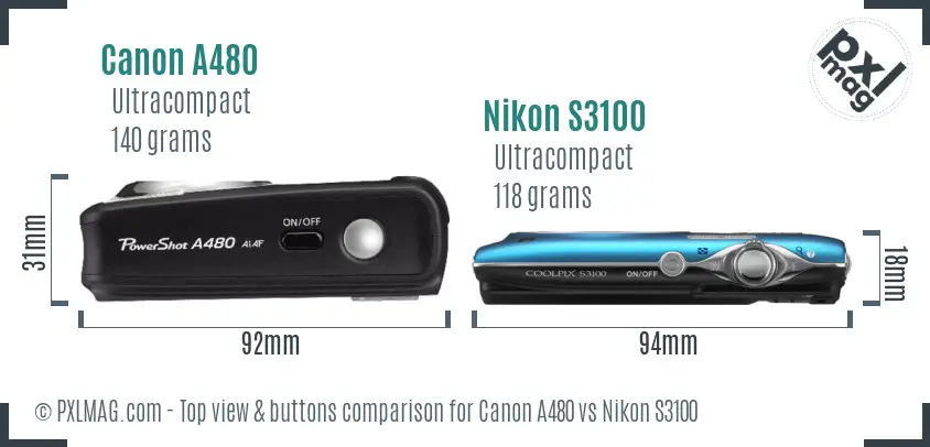 Canon A480 vs Nikon S3100 top view buttons comparison