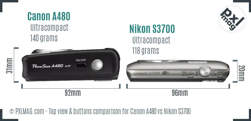 Canon A480 vs Nikon S3700 top view buttons comparison