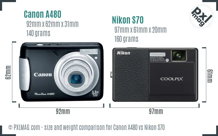 Canon A480 vs Nikon S70 size comparison