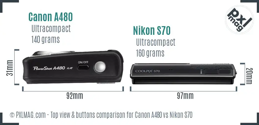 Canon A480 vs Nikon S70 top view buttons comparison