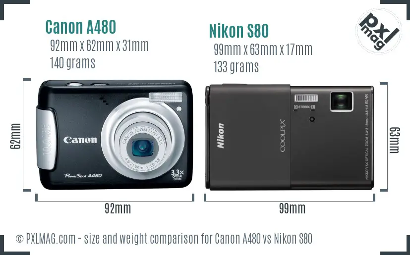 Canon A480 vs Nikon S80 size comparison
