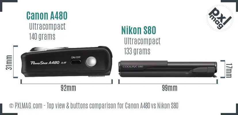 Canon A480 vs Nikon S80 top view buttons comparison