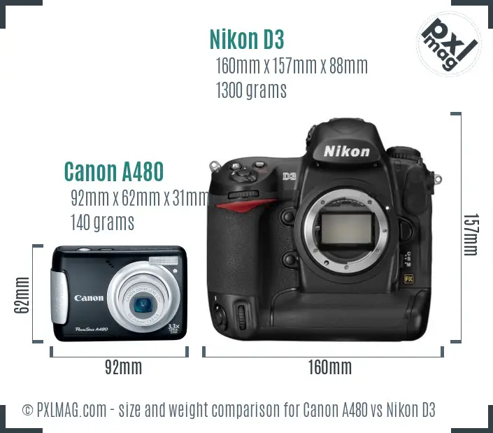 Canon A480 vs Nikon D3 size comparison