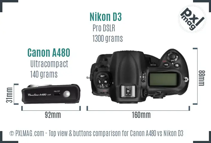 Canon A480 vs Nikon D3 top view buttons comparison