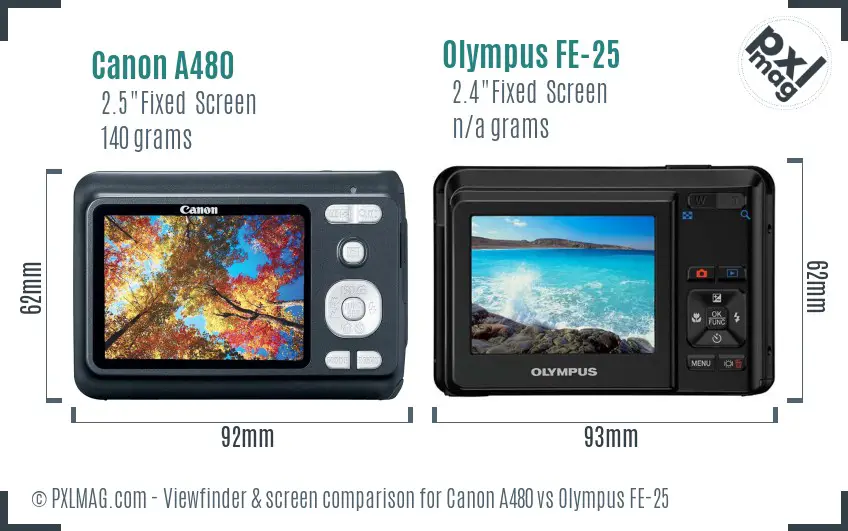 Canon A480 vs Olympus FE-25 Screen and Viewfinder comparison
