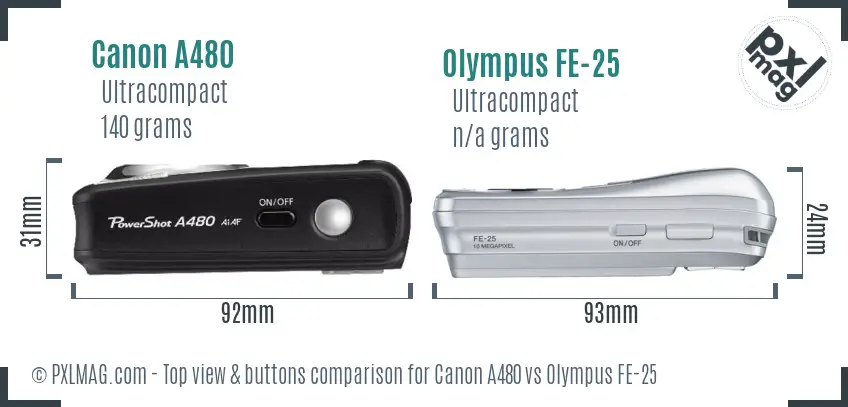 Canon A480 vs Olympus FE-25 top view buttons comparison