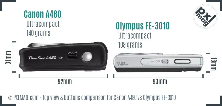 Canon A480 vs Olympus FE-3010 top view buttons comparison