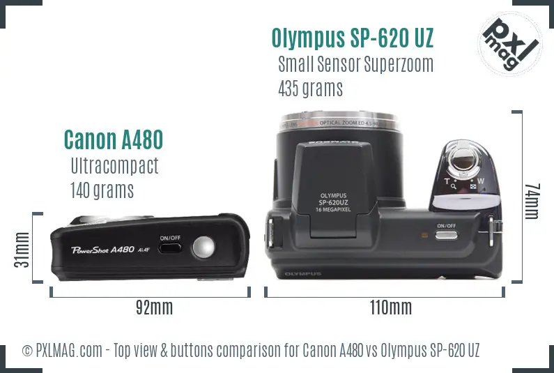 Canon A480 vs Olympus SP-620 UZ top view buttons comparison