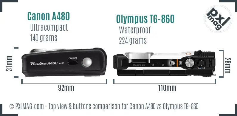 Canon A480 vs Olympus TG-860 top view buttons comparison