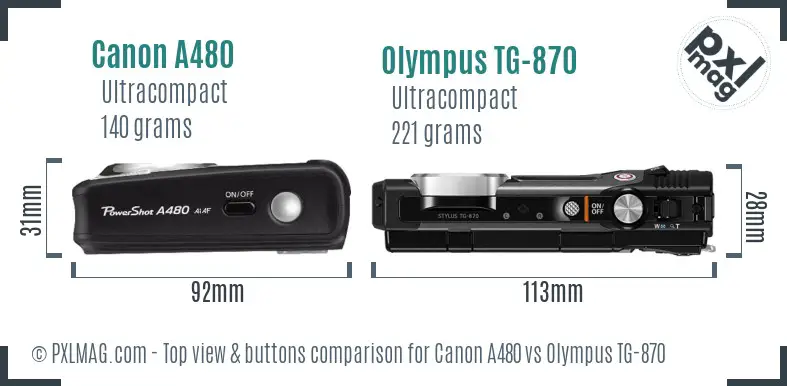 Canon A480 vs Olympus TG-870 top view buttons comparison