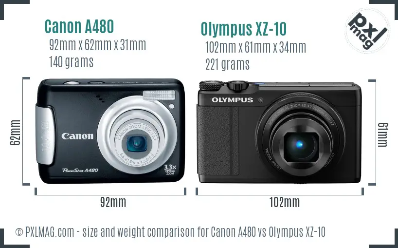 Canon A480 vs Olympus XZ-10 size comparison