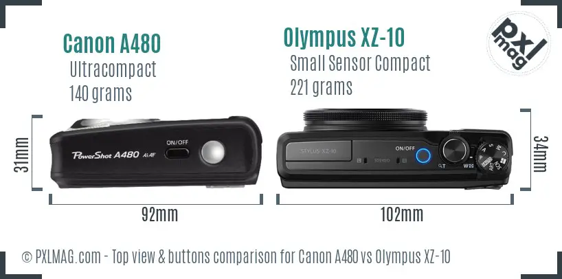 Canon A480 vs Olympus XZ-10 top view buttons comparison