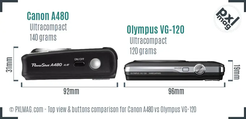 Canon A480 vs Olympus VG-120 top view buttons comparison