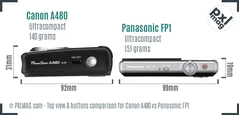 Canon A480 vs Panasonic FP1 top view buttons comparison