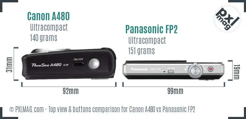 Canon A480 vs Panasonic FP2 top view buttons comparison Canon A480 vs Panasonic FP2 top view buttons comparison