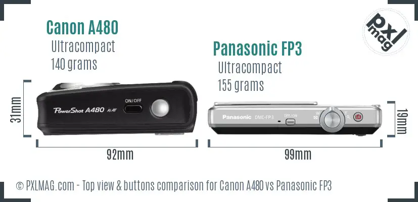 Canon A480 vs Panasonic FP3 top view buttons comparison