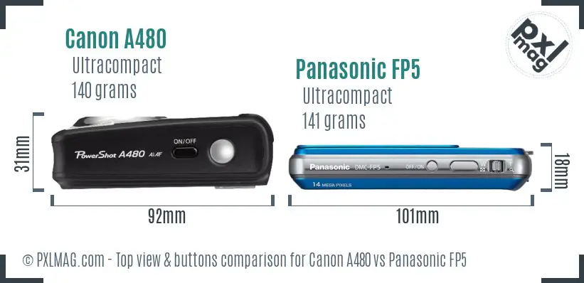 Canon A480 vs Panasonic FP5 top view buttons comparison
