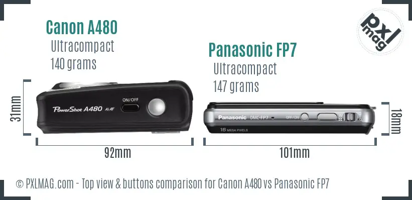 Canon A480 vs Panasonic FP7 top view buttons comparison