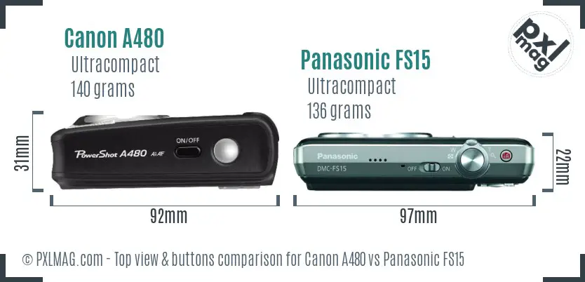 Canon A480 vs Panasonic FS15 top view buttons comparison