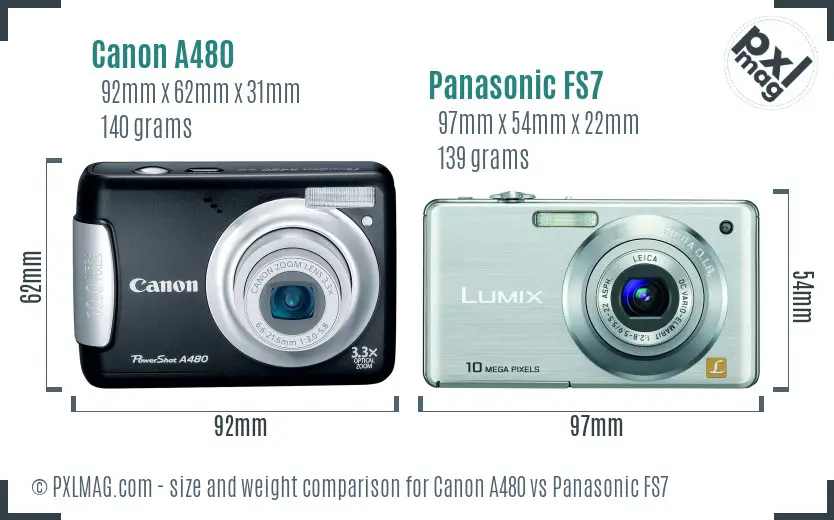 Canon A480 vs Panasonic FS7 size comparison