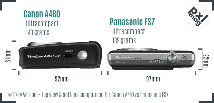 Canon A480 vs Panasonic FS7 top view buttons comparison