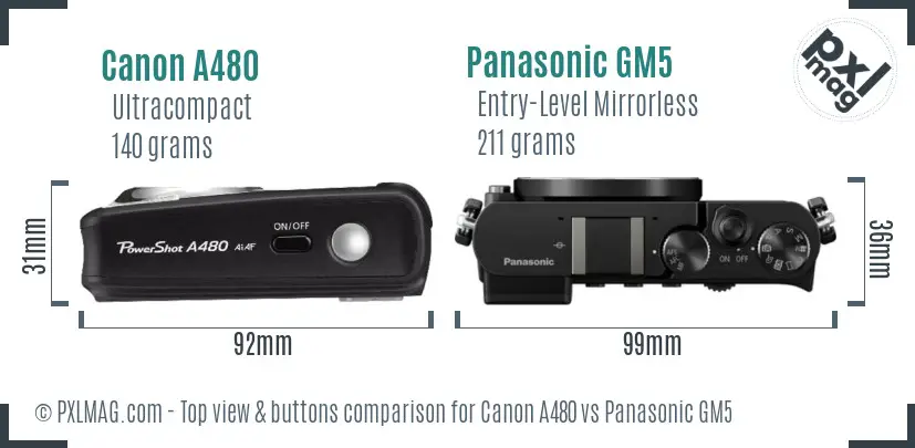 Canon A480 vs Panasonic GM5 top view buttons comparison