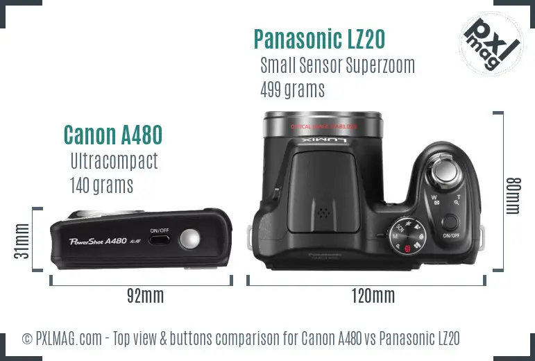 Canon A480 vs Panasonic LZ20 top view buttons comparison