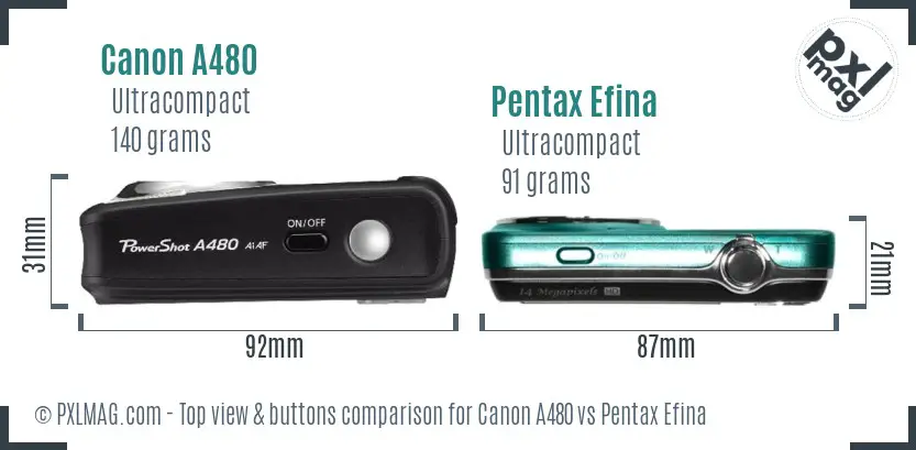 Canon A480 vs Pentax Efina top view buttons comparison