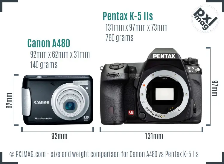 Canon A480 vs Pentax K-5 IIs size comparison