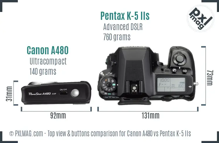 Canon A480 vs Pentax K-5 IIs top view buttons comparison