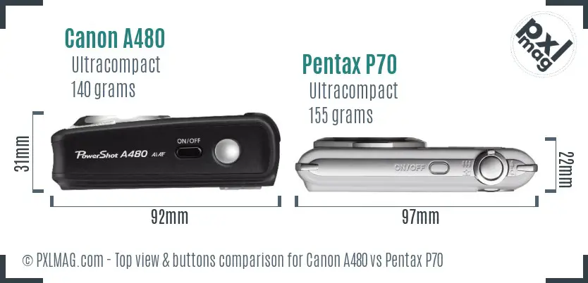 Canon A480 vs Pentax P70 top view buttons comparison