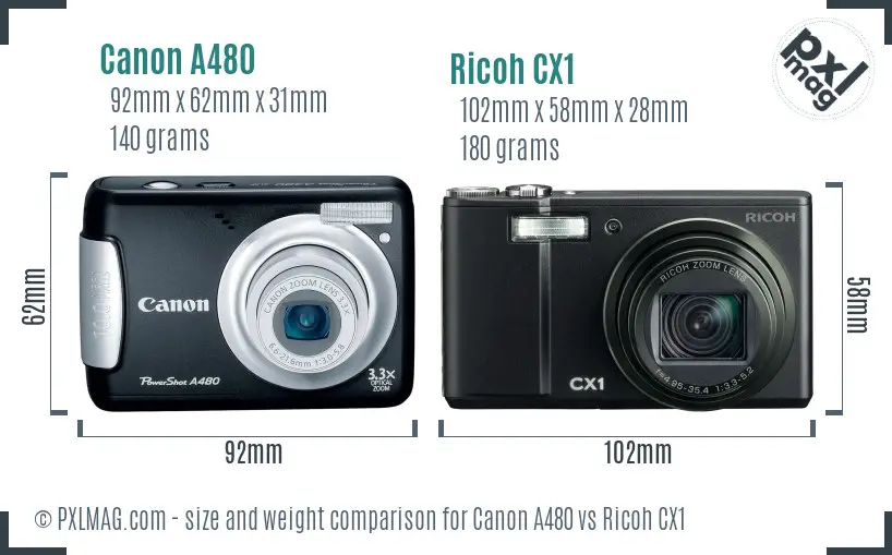 Canon A480 vs Ricoh CX1 size comparison