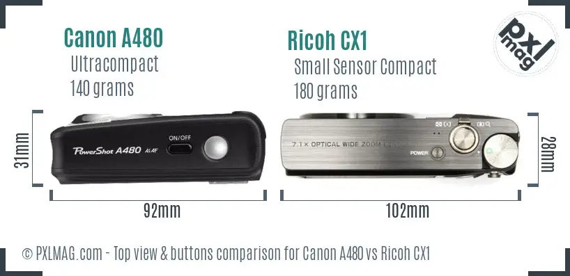 Canon A480 vs Ricoh CX1 top view buttons comparison
