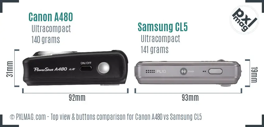 Canon A480 vs Samsung CL5 top view buttons comparison Canon A480 vs Samsung CL5 top view buttons comparison