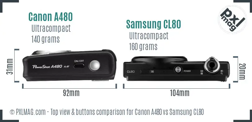 Canon A480 vs Samsung CL80 top view buttons comparison
