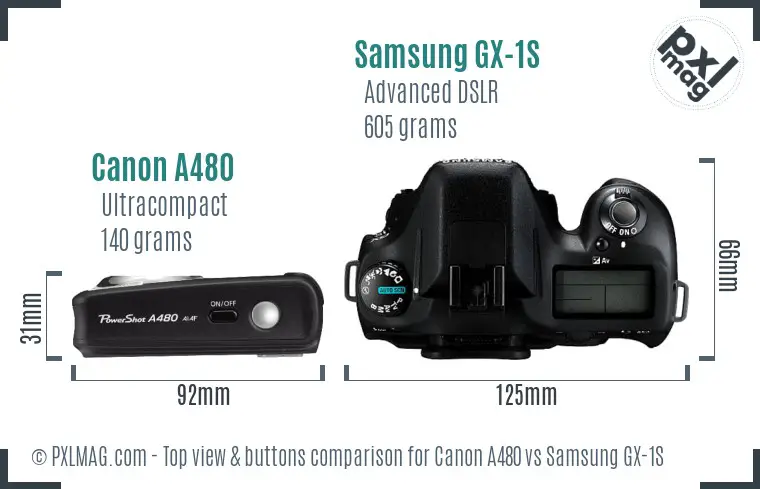 Canon A480 vs Samsung GX-1S top view buttons comparison