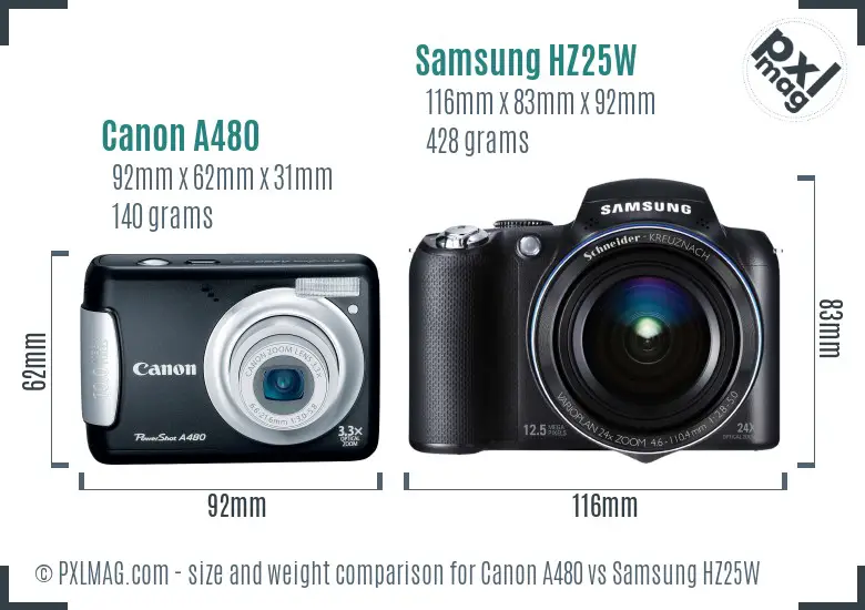 Canon A480 vs Samsung HZ25W size comparison