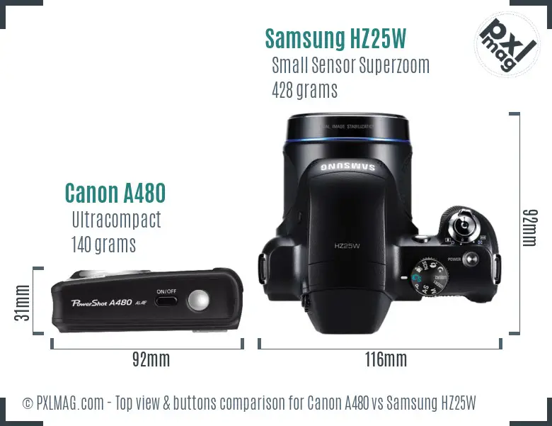 Canon A480 vs Samsung HZ25W top view buttons comparison