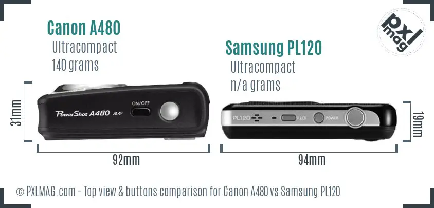 Canon A480 vs Samsung PL120 top view buttons comparison