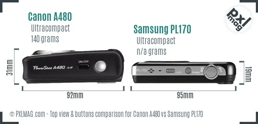 Canon A480 vs Samsung PL170 top view buttons comparison