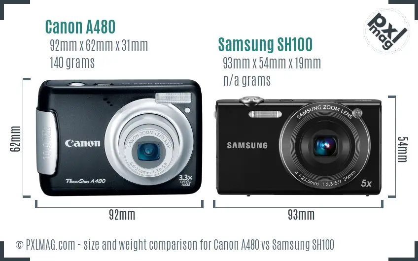 Canon A480 vs Samsung SH100 size comparison