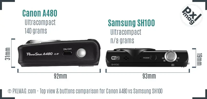 Canon A480 vs Samsung SH100 top view buttons comparison