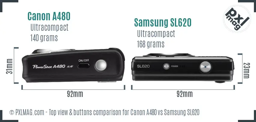 Canon A480 vs Samsung SL620 top view buttons comparison